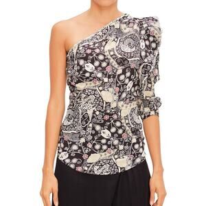 Etoile Isabel Marant Carina Black Beige One Shoulder Quilted Ruffle Blouse 38 M